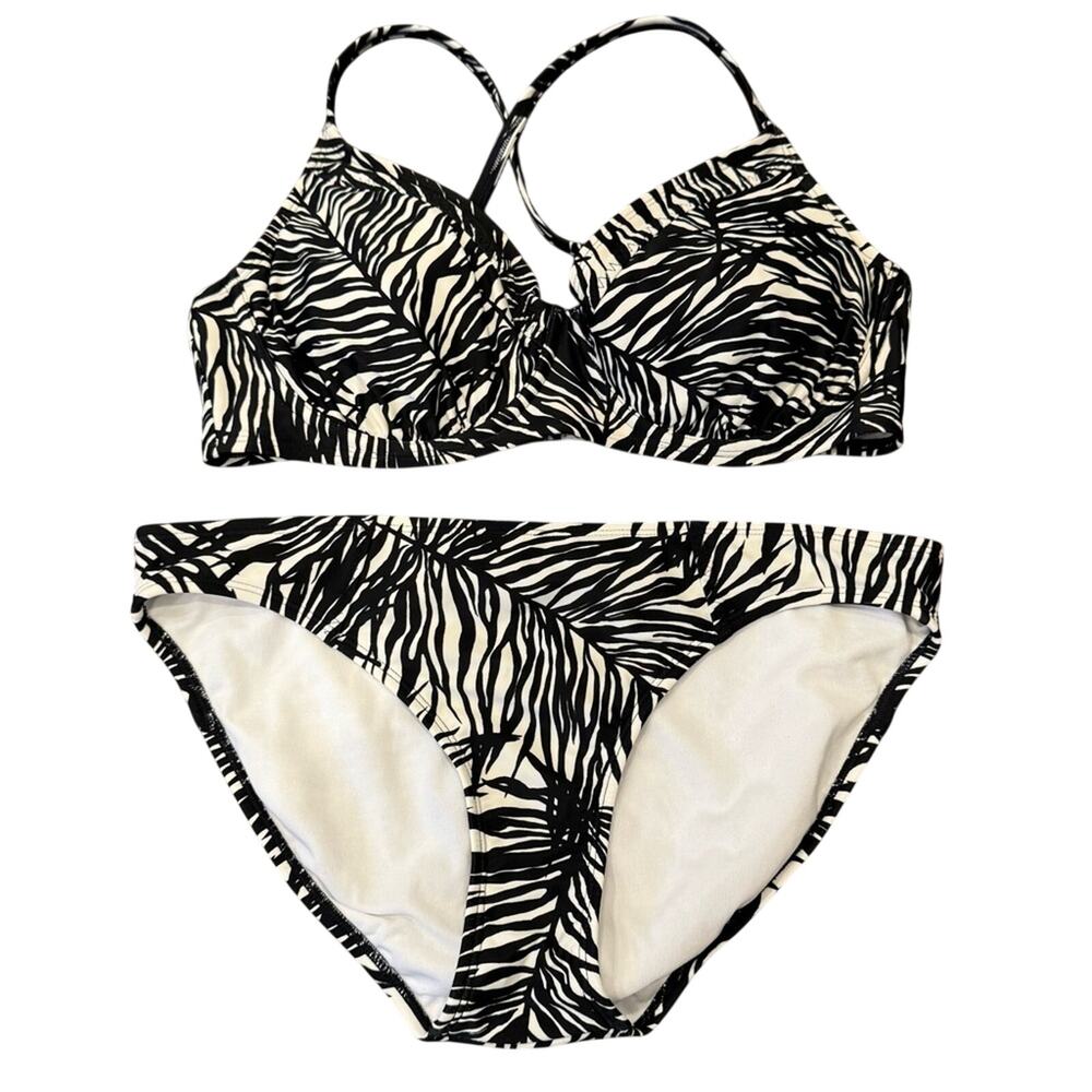 Athleta Black and White Palm Print Bikini Set Size 36D/DD Large